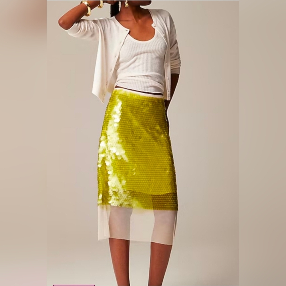 NWT J.Crew Collection Green Sequin Paillette Midi Skirt with Sheer Hem Size 6